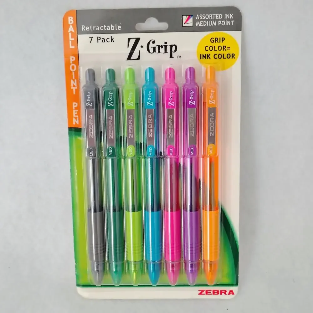Zebra Z Grip Color Ink Ball Medium Point Pens Retractable 7 Pack NEW Rubber Grip